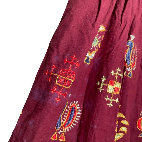 Women's One Size Maroon Embroidered Art To Wear Midi Drawstring Artsy Colorful - Picture 5 of 12